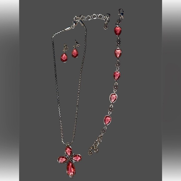 BRIGHTON 3 PIECE SET -LaVie Iridescent Pink Crystal Cross w/ Earrings & Bracelet - Picture 11 of 15